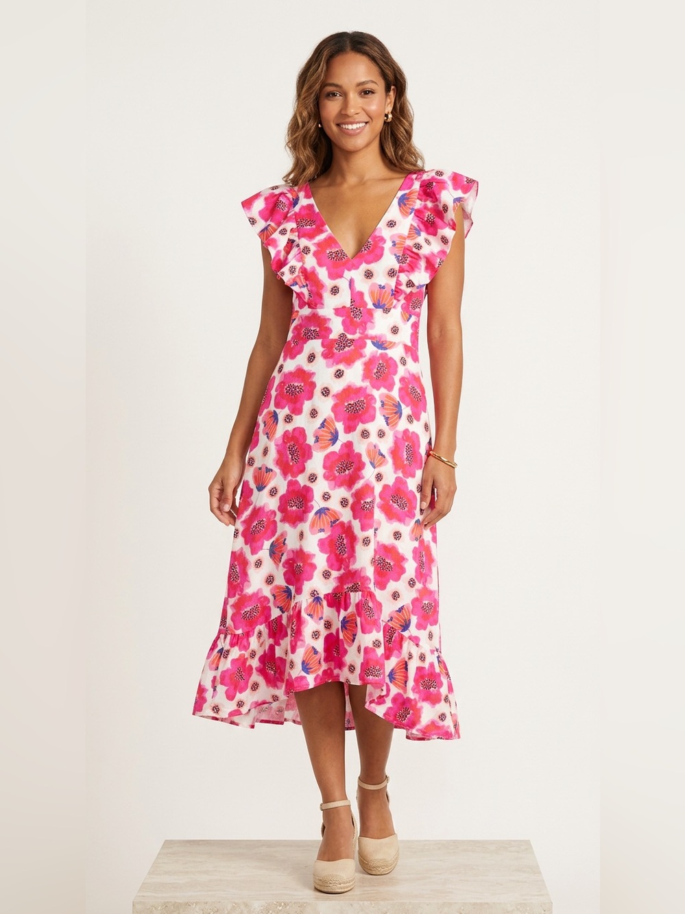 TCEC FLORAL V NECK RUFFLE HEM & SLEEVES COTTON MIDI DRESS GARDEN PARTY SHOWER